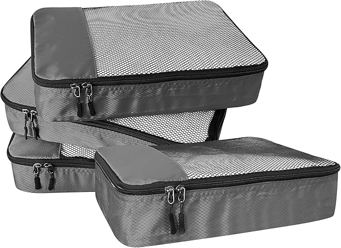 4-Piece Packing Cubes Travel Accessories Set for Suitcases - Luggage Organizer Bags with Double Zipper - Mesh Top - Medium - Dark Grey