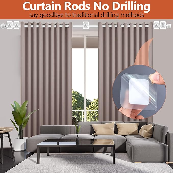Curtain Rods No Drilling for Windows,5/8 Inch Diameter Drapey Pole with No Drill Curtain Rod Brackets (2PCS White, 48 to 84")