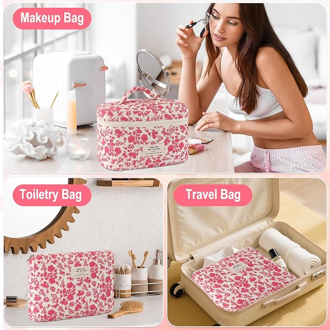 3Pcs Cotton Quilted Makeup Bag for Women Large Small Travel Cosmetic Bag Set Cute Pink Floral Print Makeup Pouch for Purse Portable Skincare Bags Coquette Vintage Puffy Travel Essential