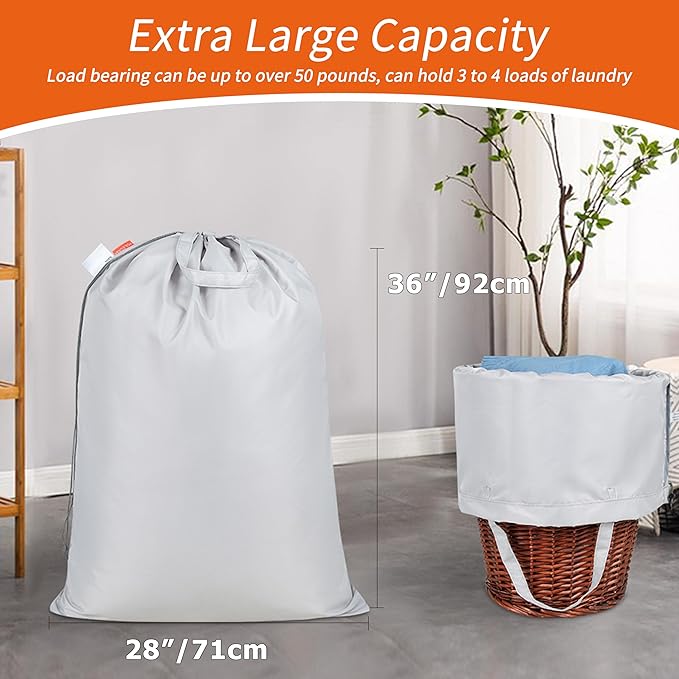 Polecasa Extra Heavy-Duty Laundry Bag 28x36”- Large Storage Bag with Reinforced Handles & Drawstring Closure for College Dorm Travel - Silver