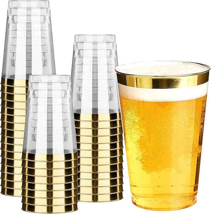 RACETOP 12 oz 100 Pack Disposable Plastic Cups with Gold Rim, Disposable Gold Rim Plastic Cups for Parties, Weddings, Gatherings, and Festival Events