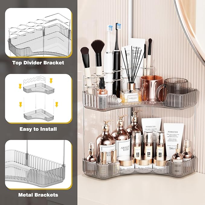 2-Tier Corner Bathroom Counter Organizer with Top Toothbrush Holders,Large Makeup Organizer Countertop with Brush Holder,Skincare Organizers Corner,Exquisite Vanity Organizer (Gray, 2 Tier)