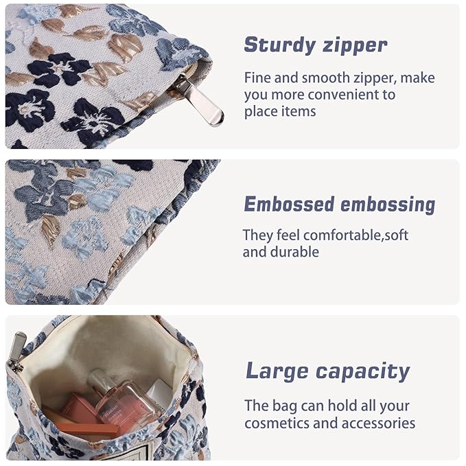 ZLFSRQ Flower Makeup Bag Travel Cute Floral Cosmetic Bags for Women Large Toiletry Pouch Zipper Cosmetic Pouch for Purse Aesthetic Gray Blue Embossed Makeup Organizer Bag Portable Toiletry Bags