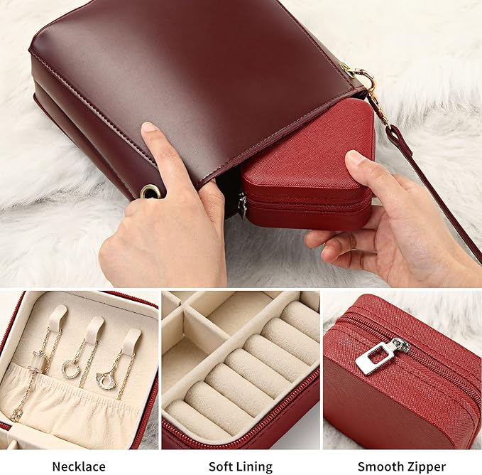 Mini Jewelry Travel Case, Small Portable Jewellry Organizer Box Portable Display Storage Box for Rings Earrings Necklaces, Gifts for Girl, Women, Wedding, Birthday,New Year,Christmas Gifts(Red)