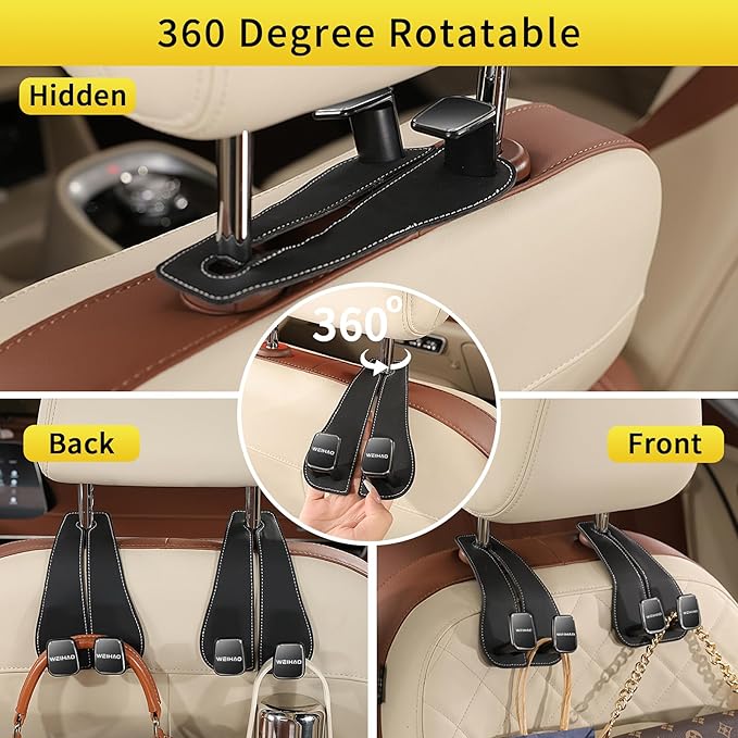 WEIHAO Wide Purse Hook for Car, Twin Hook Leather Car Headrest Hangers, Car Seat Back Storage Hook, Headrest Hooks Purse Bag Holder for Car Universal Fit Sedan Trucks SUVs Most Vehicles (Black-1PC)