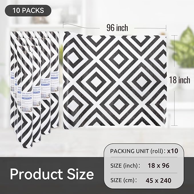 FIFTY FEET 18"x96" Non-Adhesive Shelf Liner for Kitchen Cabinets and Drawers, Washable Non-Slip PVC Cabinet Liner (Black Plaid)(10 Roll)