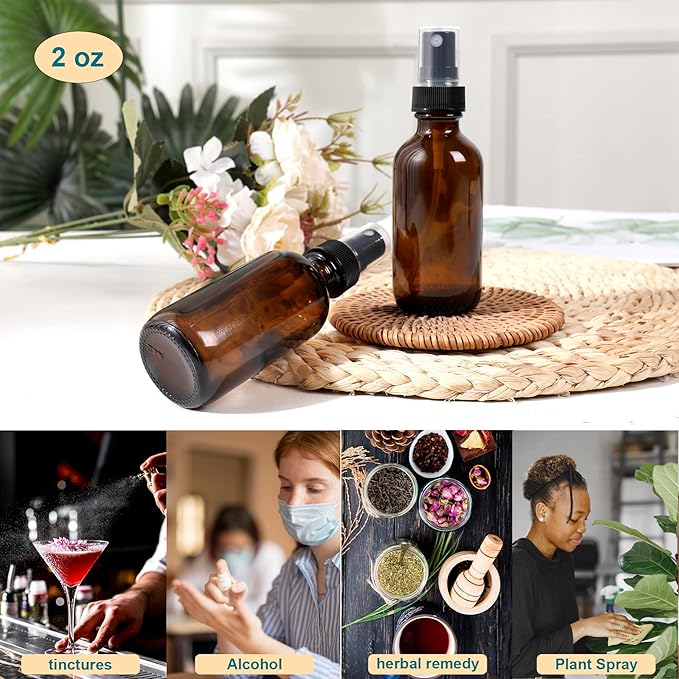 Amber Glass Small Spray Bottle 2 oz 48 Packs,Fine Mist Sprayer Small Clear Bottles,Refillable Containers mini spray bottles for Cleaning Solutions and Skin Care (Amber 48pcs)