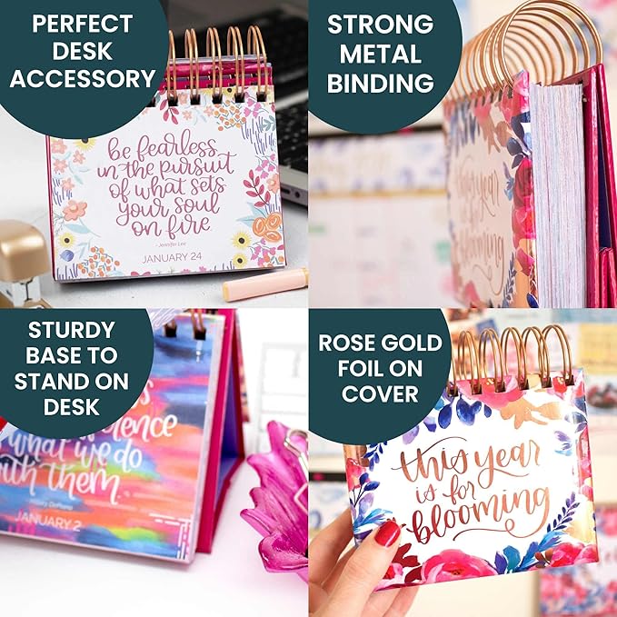 bloom daily planners Undated Perpetual Desk Easel with Motivational Quotes - Inspirational Standing Flip Calendar for Women - Page A Day (5.25" x 5.5") - Hand-Lettered