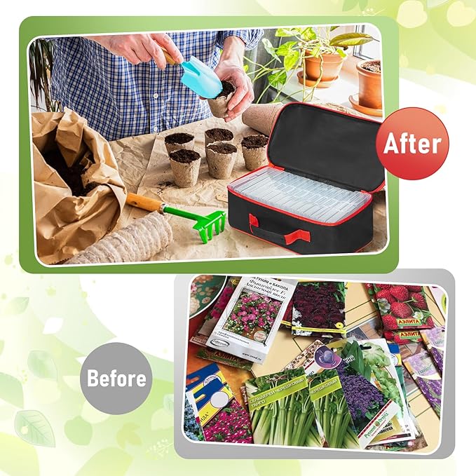 FACULX 15 Slots Seed Storage Organizer Box with 20 Seed Envelopes, Large Capacity Seeds Storage Container with Zipper Bag Label Stickers, Seeds Saving Container for Garden Vegetable and Flower (Red)