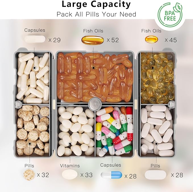 FYY Daily Pill Organizer,7 Compartments Portable Pill Case Travel Pill Organizer,[Folding Design] Pill Box for Purse Pocket to Hold Vitamins,Cod Liver Oil,Supplements and Medication-Grey