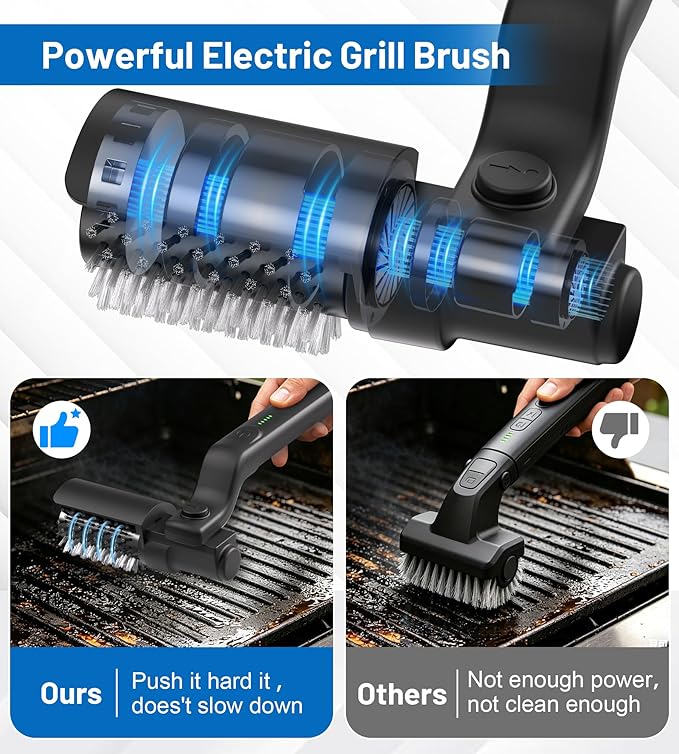Electric Grill Brush 2-in-1 Automatic Grill Cleaner with Adjustable Angle, Includes 3-Speed Power Motor Stainless Steel & Scouring Pad Heads, Waterproof Cleaning Tool for for BBQ Grates & Griddles