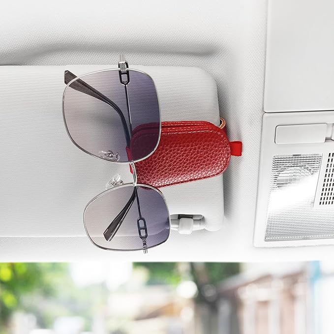 SINGARO Sunglasses Holder for Car, Leather Magnetic Buckle Sun Visor Sunglass Clip, Ticket Card Storage Glasses Clip, Car Interior Accessories for Men and Women（2PCS Red）