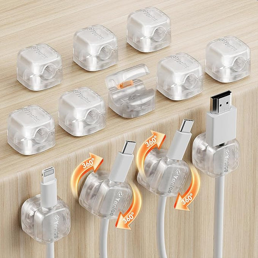 12-Pack Rotatable Cord Organizer, Spring Cable Clips Desk Cable Management Cord Holder Adhesive Phone Charger Cord Clips for Home Office Car Wall Nightstand Accessories Clear