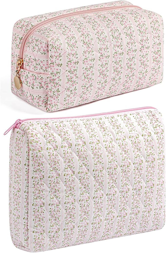 HHQQWZ Makeup Bag Travel Cosmetic Bag for Women Girls, Zipper Makeup Pouch, Floral Flowers Toiletry Organizer Makeup, Portable Storage Cosmetic Travel Cloth Bag (2 Pack (L+S)/Pink Floral)