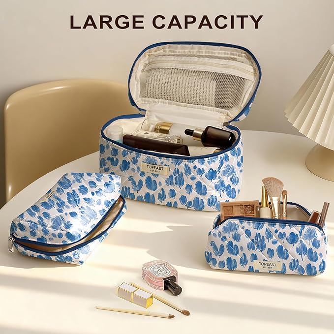 TOPEAST Christmas Gifts for Women Girls - 3Pcs Makeup Bag Large Cotton Travel Makeup Bags, Cute Quilted Floral Cosmetic Organizer Portable Brushes Toiletry Bag Set, Blue Floral