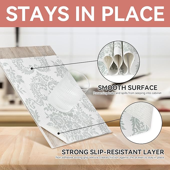 RAY STAR Shelf Liner, Non Adhesive Sage Green Damask Floral Kitchen Cabinet Liner for Pantry Drawer Pantry, Non Slip Waterproof, Shelf Liners for Kitchen Cabinets Cupboard 12 Inch x 10 FT (2 Rolls)