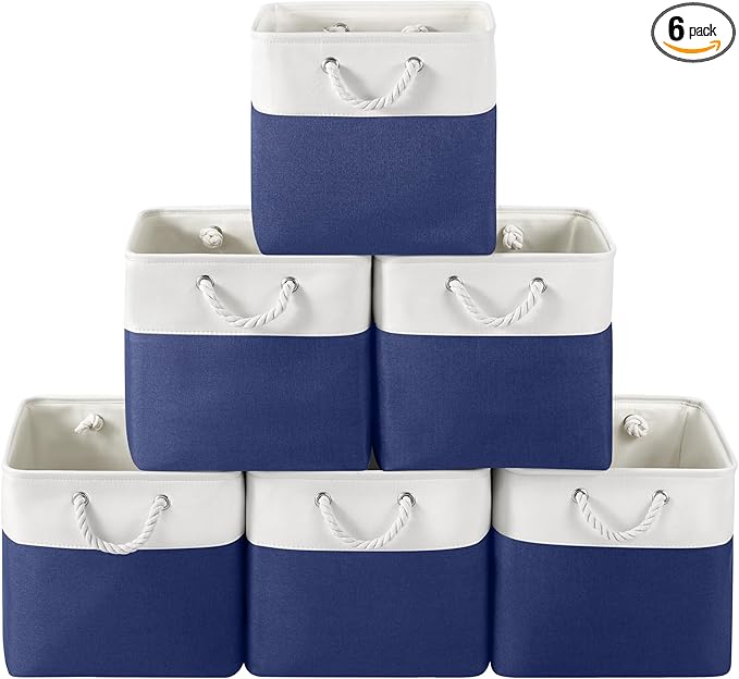 VQRTEXA 13 x 13 Inch Cube Storage Bins, 6 Pack Fabric Storage Basket with Handles, Foldable Boxes Organizer for Shelf Baskets for Home, Clothes (White/Blue)