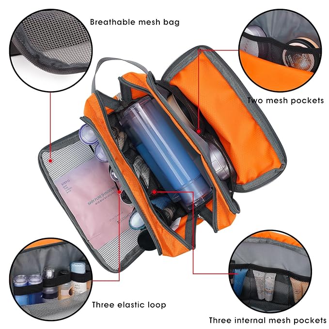 Toiletry Bag for Men/Women, Hanging Dopp Kit, Water-Resistant Shaving Bag, Small Toiletry Bag for Traveling (Orange)