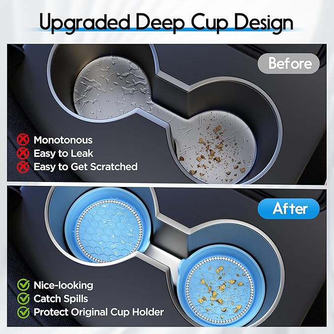 Amooca Car Cup Coaster Universal Non-Slip Cup Holders Bling Crystal Rhinestone Car Interior Accessories 4 Pack Light Blue