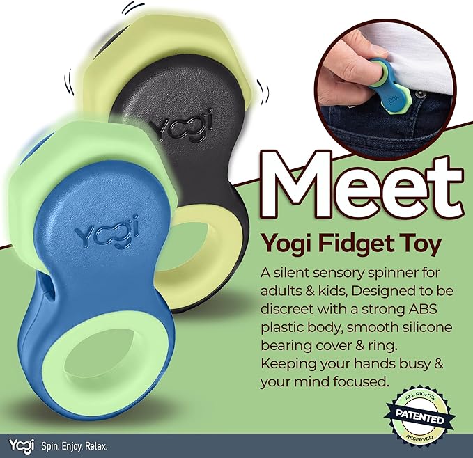 Yogi Fidget Toy – Silent Sensory Spinner for Adults & Kids – Stress Relief Fidgets for ADHD, Anxiety – Fidget Toys for Adults – Includes 5 Finger-Fit Rings – Work, School & Travel – 2-Pack