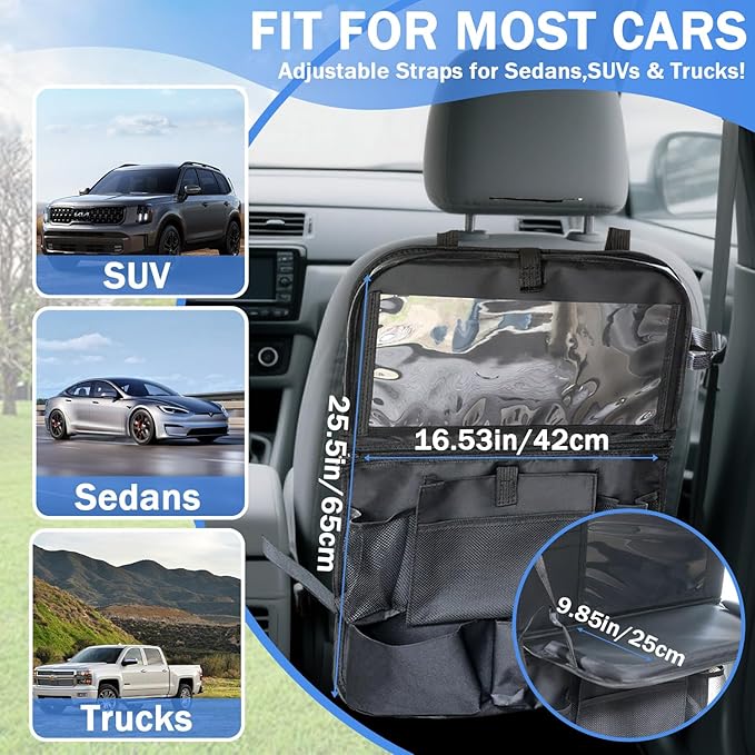 Backseat Car Organizer, Kick Mats Back Seat Protector with 8 Storage Pockets, Car Organizers and Storage with Car Food Tray Travel Accessories, 2 Pack