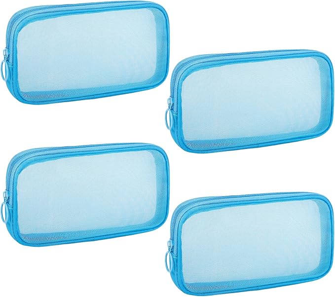 4 Pieces Mini Zipper Nylon Mesh Pouch, Mesh Cosmetic Bags Makeup Bags, Multipurpose Travel Toiletry Bags for Office Supplies and Travel Accessories (Blue, M)