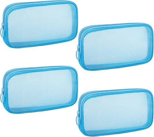 4 Pieces Mini Zipper Nylon Mesh Pouch, Mesh Cosmetic Bags Makeup Bags, Multipurpose Travel Toiletry Bags for Office Supplies and Travel Accessories (Blue, M)