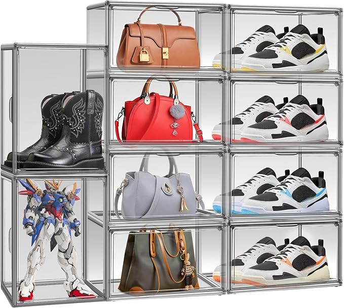 1 Pack Shoe Organizers Storage Boxes for Closet Size 12.5 Shoe Box Clear Stackable Storage Bins with Lids, Under Bed Shoe Containers for Entryway, Grey