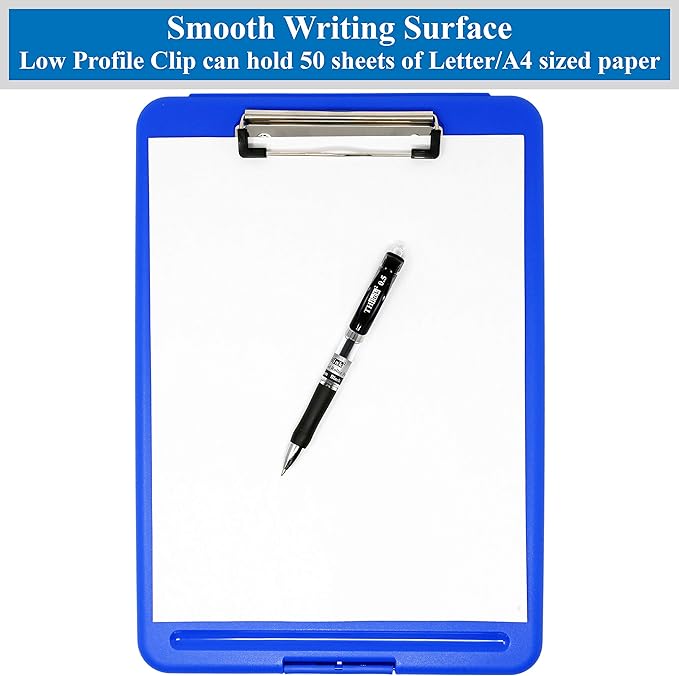 Think2Master [3 Pack] Blue Plastic Storage Clipboard. | 25% Heavier & Sturdier| Heavy Duty and Won’t Flex Like Other Brands (Compare The Weight). Storage Compartment Holds 150 Letter Sized Paper.
