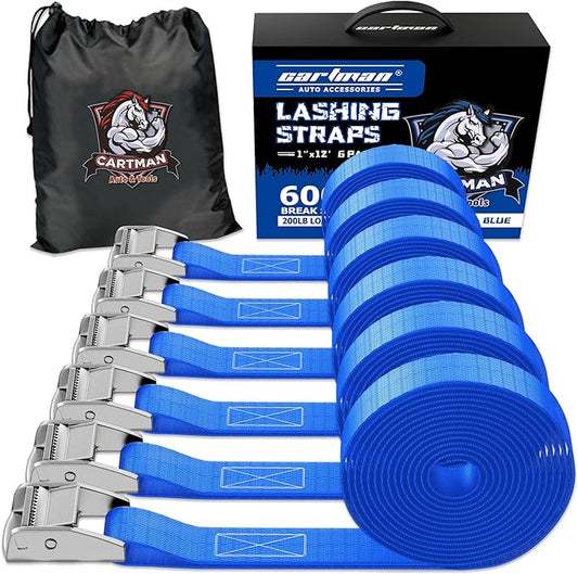 Cartman 1" x 12' Lashing Straps Cargo Tie-Down Strap Up to 600lbs, 6pk in Carry Bag, Blue