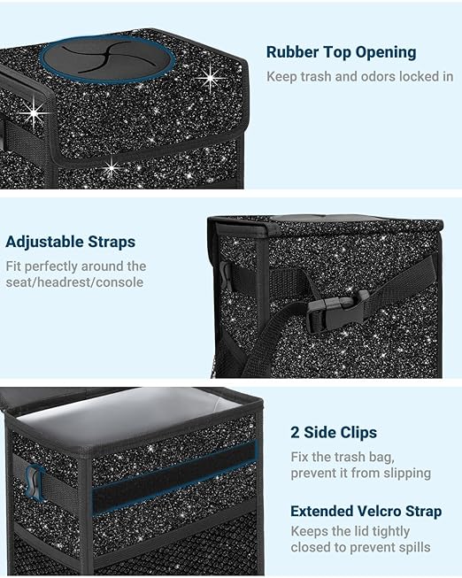Capolo Car Trash Can with Lid, Leakproof Car Trash Bag Hanging Waterproof Automotive Garbage Can with Storage Pockets Mini Vehicle Trash Bin for Back/Front Seat(Sparkly Black,3 Gallon)
