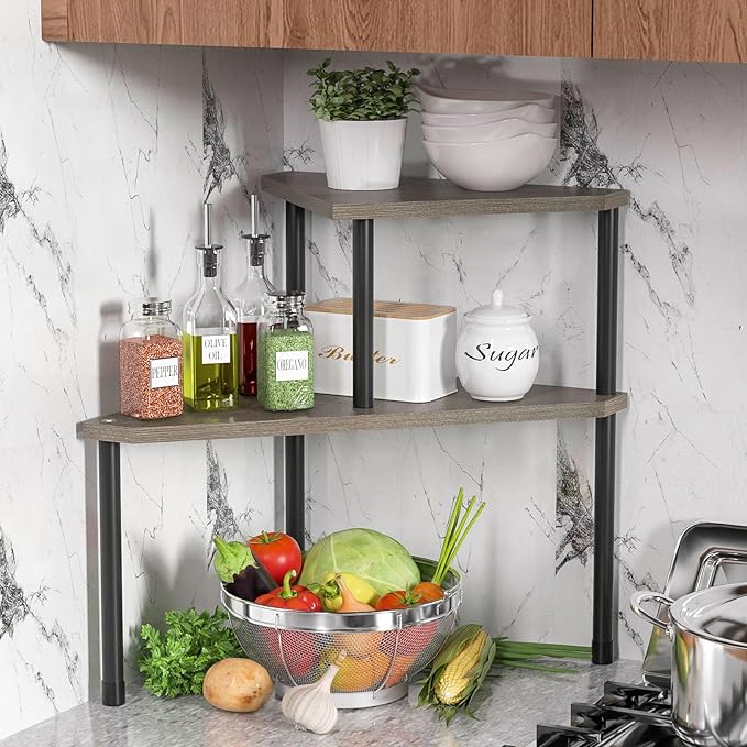 Weenson Bathroom Counter Organizer Over Sink Organizer for Toiletries, Makeup, Kitchen Countertop Organizer Spice Rack for Salt, 2-Tier Corner Counter Shelf for Coffee Area Storage(Rustic Grey)