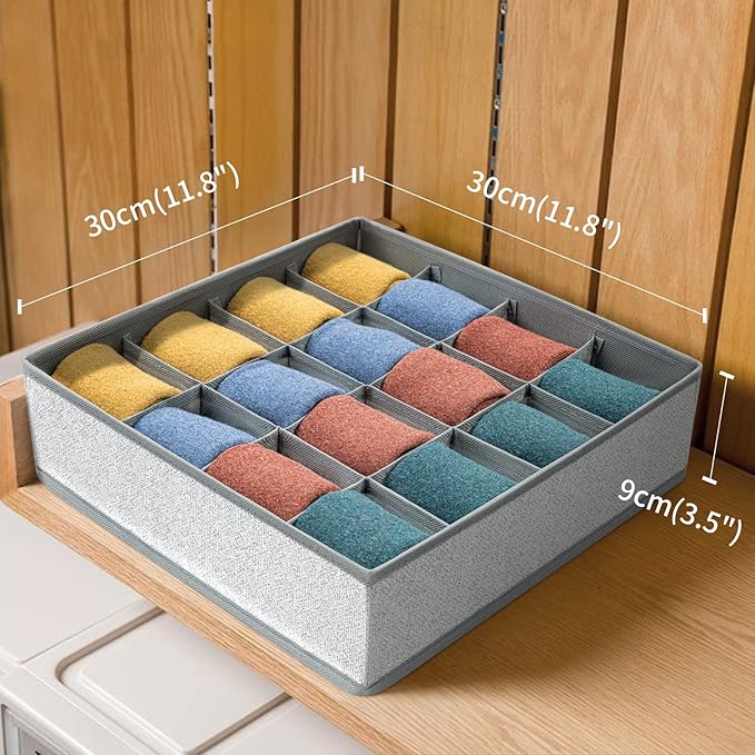 Joyoldelf Sock Drawer Organizer Divider Underwear Organizer 16-cell Fabric Dresser Drawer Organizers Storage Boxes for Socks, Lingerie, Handkerchiefs, Ties 2 Packs Gray