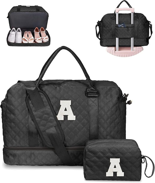 Trendy Gifts for Women - Initial Duffle Bag with Shoe Compartment, Personalized Weekender Bags, Monogram Overnight Bag for Women, Letter Travel Bags with Makeup Pouch (Letter A)
