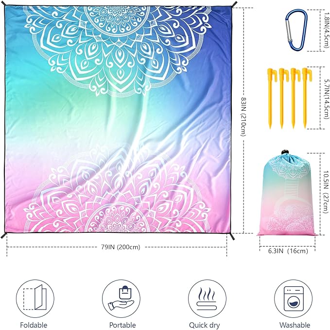 Beach Blanket Waterproof Sandproof Extra Large Beach Mat 79" X 83"/120"x108" for 1-8 Adults Quick Drying Durable Outdoor Picnic Mat for Beach Travel Camping Hiking
