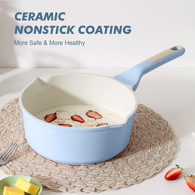 SENSARTE Ceramic Nonstick Saucepan with Double Pouring Spout 3.0 Quarts, Cooking Pot with Stay Cool Handle, Induction Compatible, Ceramic Coating, Free of Intentionally Added PFOA/PFAS, Blue