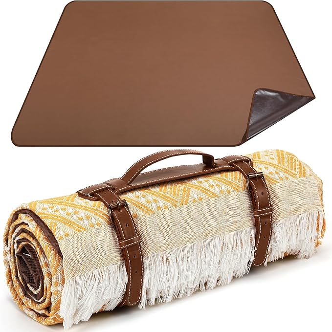 VitalCozy Waterproof Picnic Blankets Outdoor Blanket Foldable 2 in 1 Double Layer Sandproof Beach Mat with Carry Strap for Camping Lawn Park Beach Grass (Yellow White)