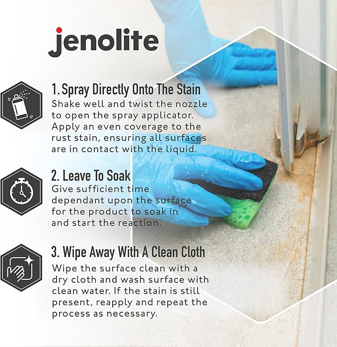 JENOLITE Rust Stain Remover 500 ml (16.9 fl oz) for Patios, Sinks, Toilets, Walls & Sidings. Fast-Acting Spray-On Cleaner & Wipe-Off Solution for Metal, Concrete & Tile. Made in Britain.