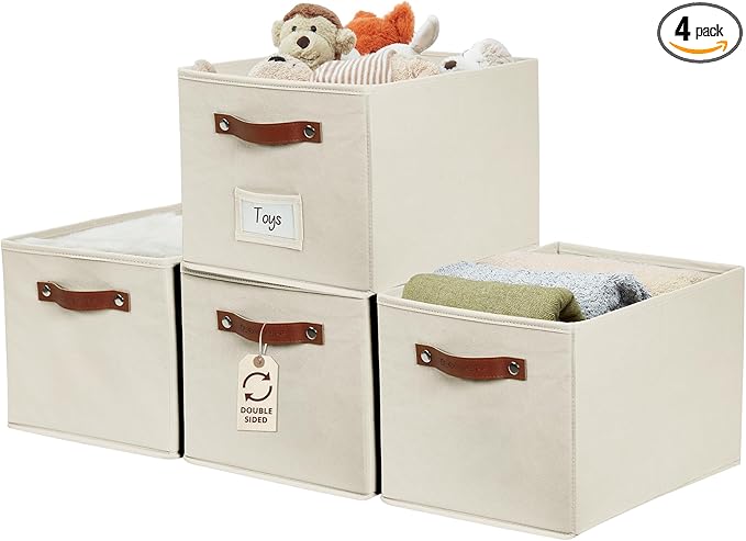 DECOMOMO Storage Baskets for Shelves - Large 15"x11"x10" Foldable Fabric Storage Bins, Baskets for Organizing with Labels (Beige, 4pcs)