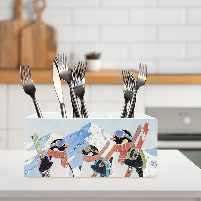 Winter Skiing Penguin Pen Pencil Holder Organizer for Desk, Penguin Gifts for Women, Winter Snowy Mountains Animal Wood Cooking Kitchen Utensils Utensil Organizer Holder Decor