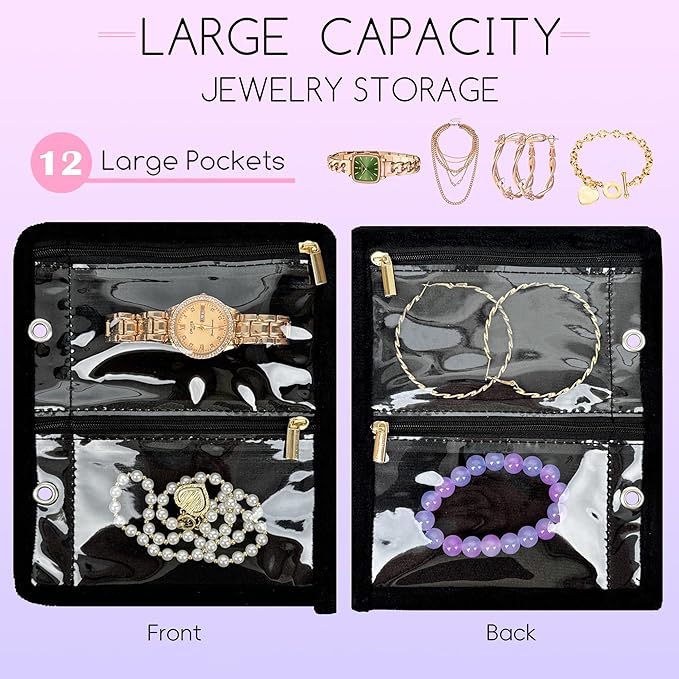 Travel Jewelry Organizer Case, Jewelry Bags for Traveling, Jewelry Binder with 24 Pcs Clear Zipper Velvet Pouches (Inner Pages, 3 PCS)