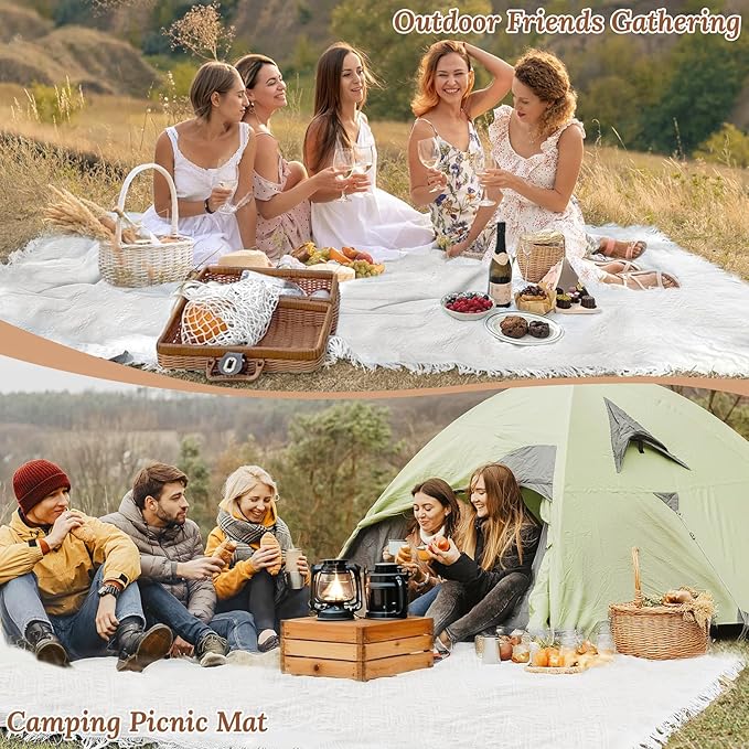 102 x 71 Extra Large White Outdoor Picnic Blanket, Woven Cotton Yarn Oversize Portable Blanket with Fringe for Camping, Lawn or Wedding Photoshoot. Indoor Bohemia Decorations, Machine Washable