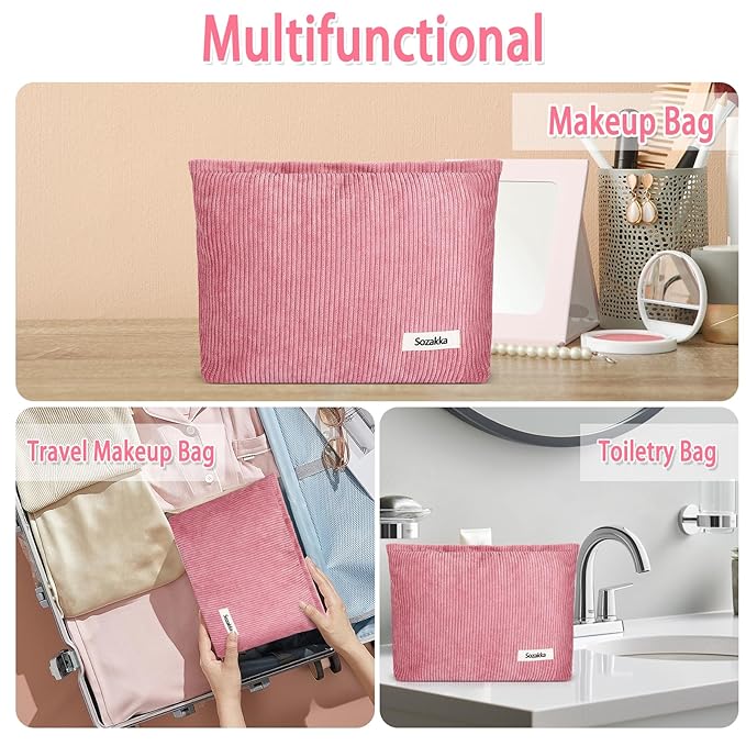 ZLFSQR Corduroy Makeup Bag for Women Small Corduroy Cosmetic Bag Large Cute Travel Makeup Pouch for Purse Pink Cloth Cosmetic Pouch Zipper Storage Organizer Canvas Toiletry Bags