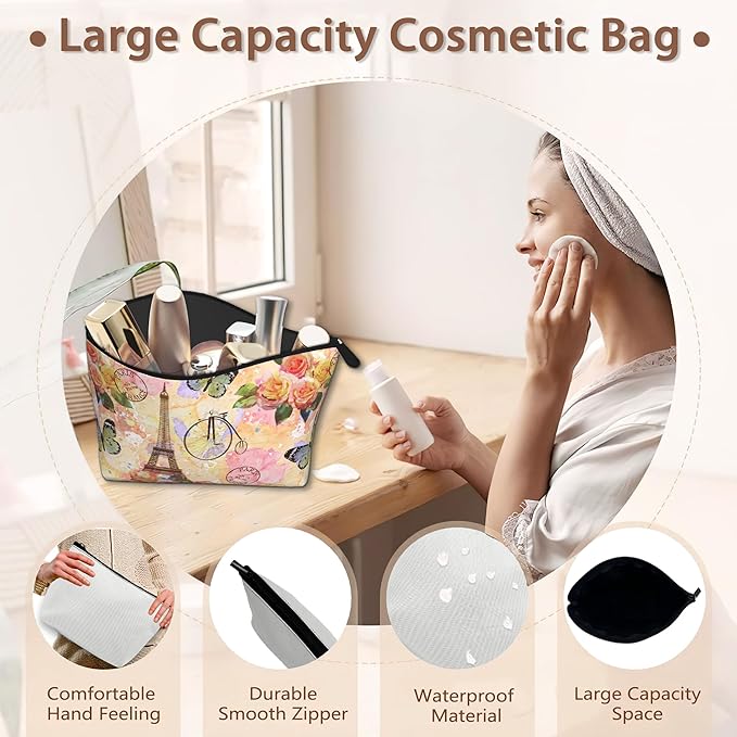 Vintage Paris Tower Makeup Bag Travel Cosmetic Bag for Women,Rose Flowers Small Make up Pouch Travel Bags for Toiletries Aesthetic Accessories Waterproof Gifts