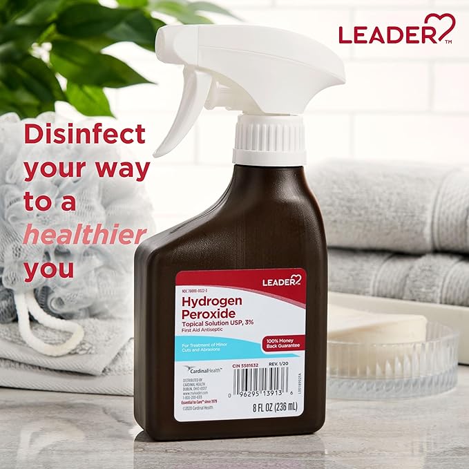 Leader Hydrogen Peroxide 3% Topical Solution, First Aid Antiseptic, Multi-Purpose Cleaner, Gentle & Effective Spray for Home, Cuts, and Scrapes, Easy-to-Use, 8 Fl Oz Spray Bottle (2 Pack)