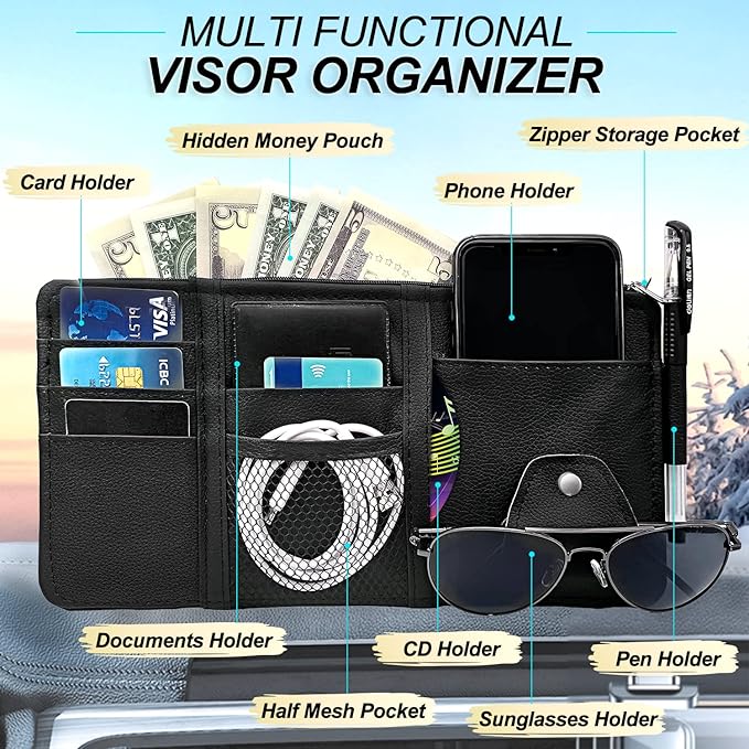 Keedolla 2Pcs Car Sun Visor Organizer, Auto Interior Accessories Pocket Organizer Car Visor Storage Pouch Holder with Zipper Pocket for Sedan, Truck, SUV - Black