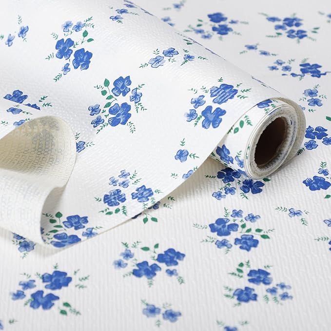 RAY STAR Shelf Liner, Non Adhesive Blue Floral Kitchen Cabinet Liner for Pantry Drawer Vanity, Strong Grip Non Slip Waterproof, Shelf Liners for Kitchen Cabinets Cupboard 18 Inch x 8 FT (5 Rolls)