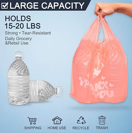 YoYoRain PINK Thank you bags, 1000PCS T shirt bags, To Go Bags,Grocery bags, Reusable and Disposable,Perfect for Small Business,Take Out,Retails,11"x6"x21"(1000)