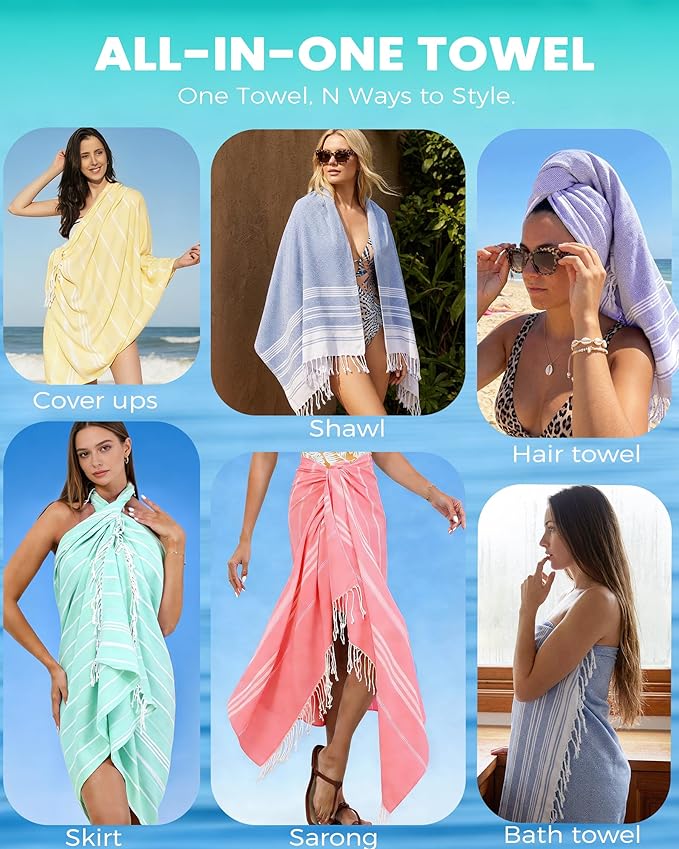 Antfuny Turkish Beach Towels Vacation Essentials Quick Dry Sand Free Soft Absorbent Adult Oversized Bath Pool Swim Long Wide Stripe Towel Sound Cloud Linen Mat Summer Thing Lightweight Thin Blue