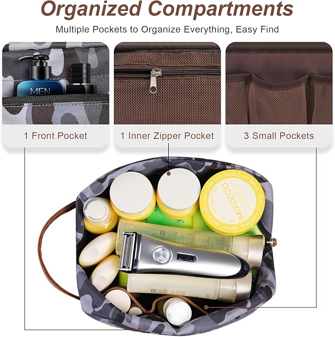 Travel Toiletry Bag for Men, Hanging Toiletry Organizer, Water Resistant Shaving Kit with Large Capacity for Travel Accessories (Camo-Gey, Medium)